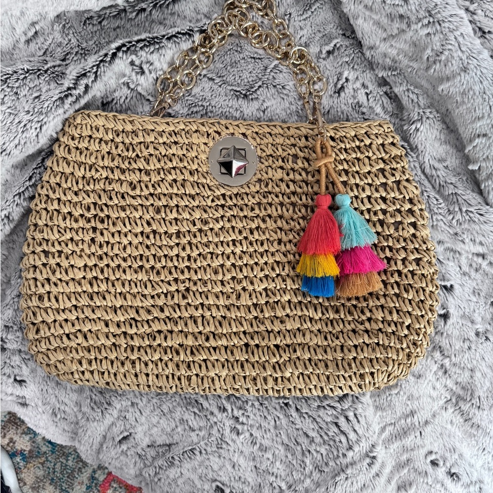 Kate Spade Amelia Jeweled Shoulder Bag raffia version with removable chain strap - Picture 3 of 6